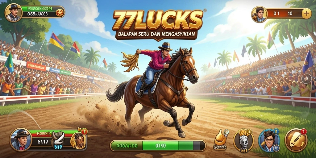 Screenshot gameplay seru dari 77LUCKS saat balapan di lintasan.