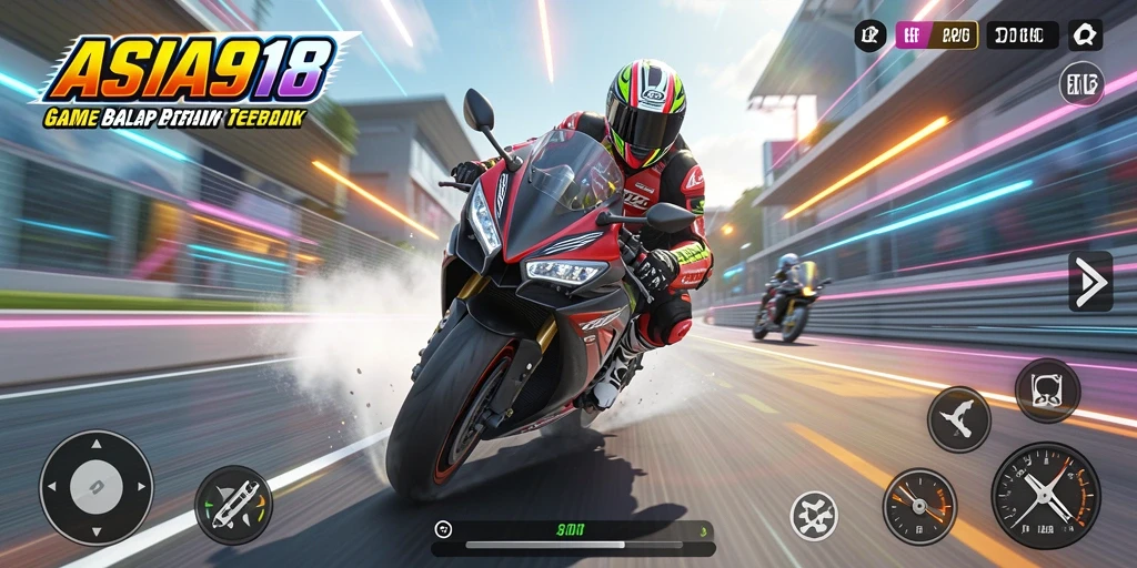 Screenshot utama ASIA918 menunjukkan balapan motor yang cepat dan mendebarkan.