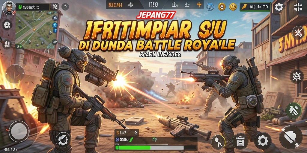 Tampilan aksi gameplay seru di JEPANG77 dengan suasana pertempuran Battle Royale.