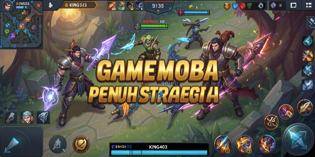 Tangkapan layar KING403 menampilkan pertarungan seru antara dua tim MOBA.
