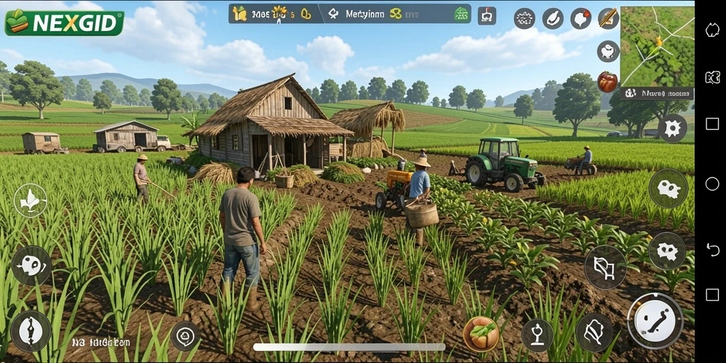 Tangkapan layar gameplay NEXGID menunjukkan pertanian yang indah dan interaksi sosial.