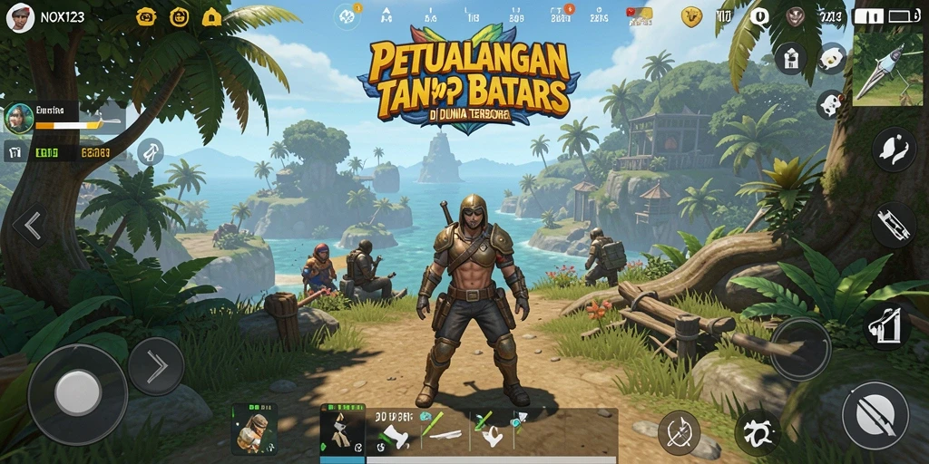 Tangkapan layar dari gameplay NOX123 yang menampilkan dunia terbuka yang luas.