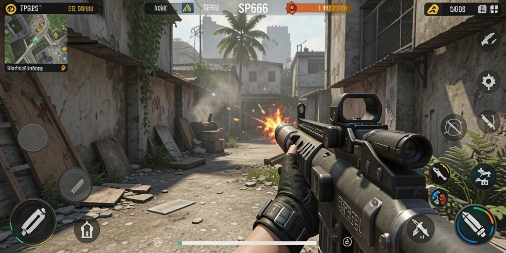 Screenshot gameplay SP666 menampilkan aksi seru dalam pertempuran TPS.