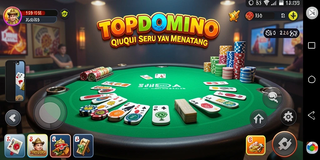 Screenshot gameplay TOPDOMINO menampilkan suasana seru permainan QiuQiu.