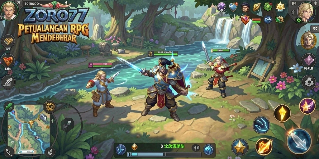 Screenshot dari gameplay <strong>ZORO77</strong> menampilkan pertarungan seru dengan berbagai karakter.